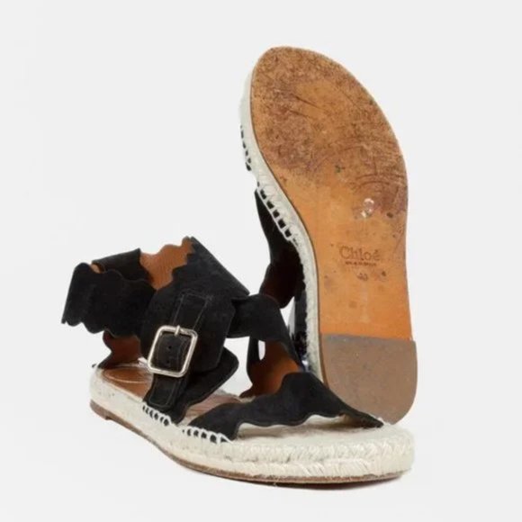 Chloé Lauren Scalloped Black Suede Espadrille Sandals - Picture 4 of 10
